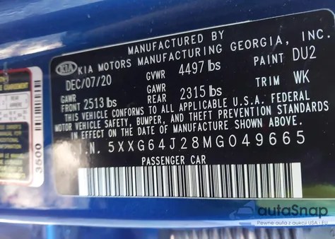 2021 Kia K5 Gt-Line z USA, uszkodzony, nr VIN 5XXG64J28MG049665